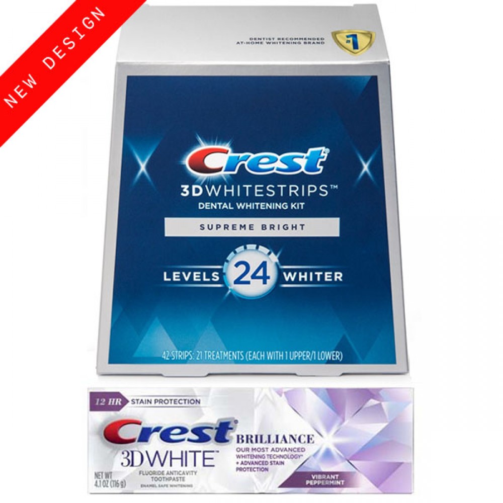 Набор: отбеливающие полоски Crest Whitestrips (Supreme Flexfit) Supreme Bright NEW 2021 + зубная паста Crest 3D White Brilliance Vibrant Peppermint